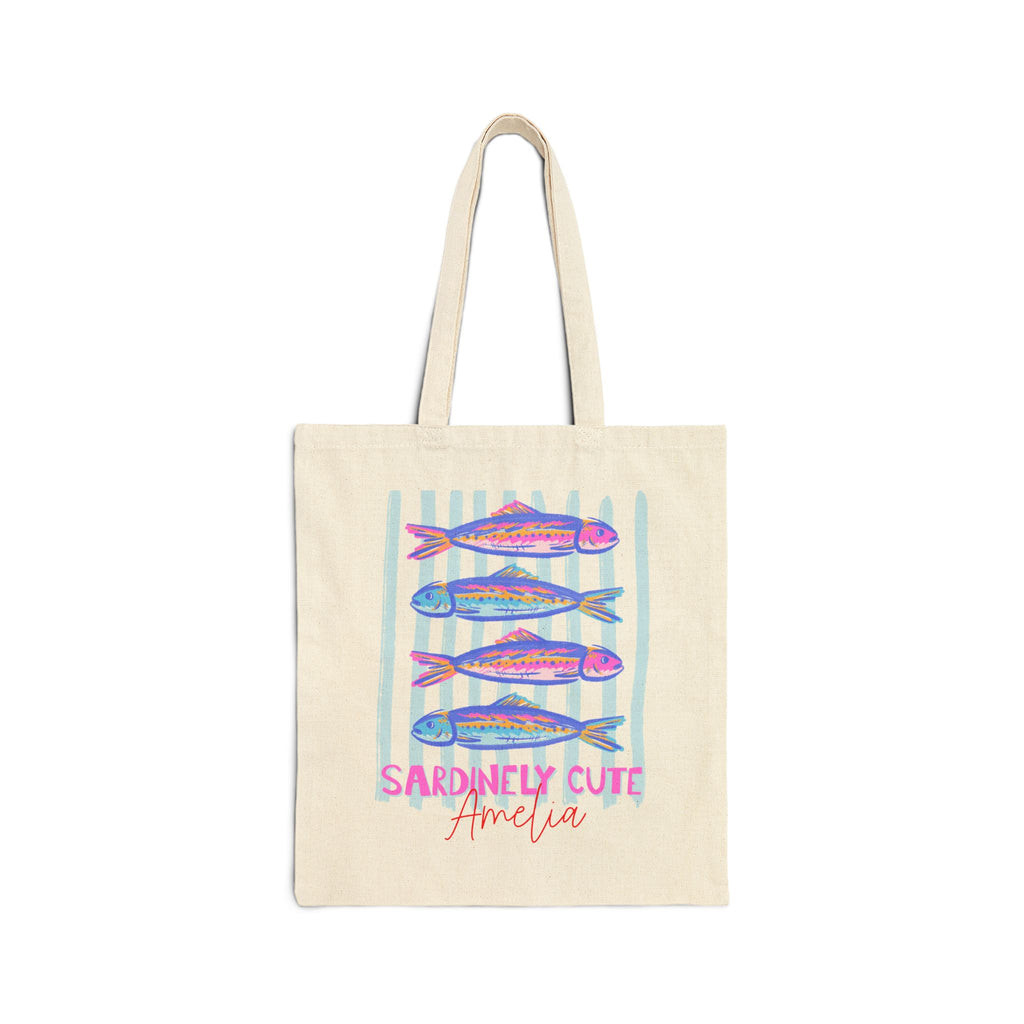 Personalized sardinely cute canvas tote bag with custom name, colorful fish print