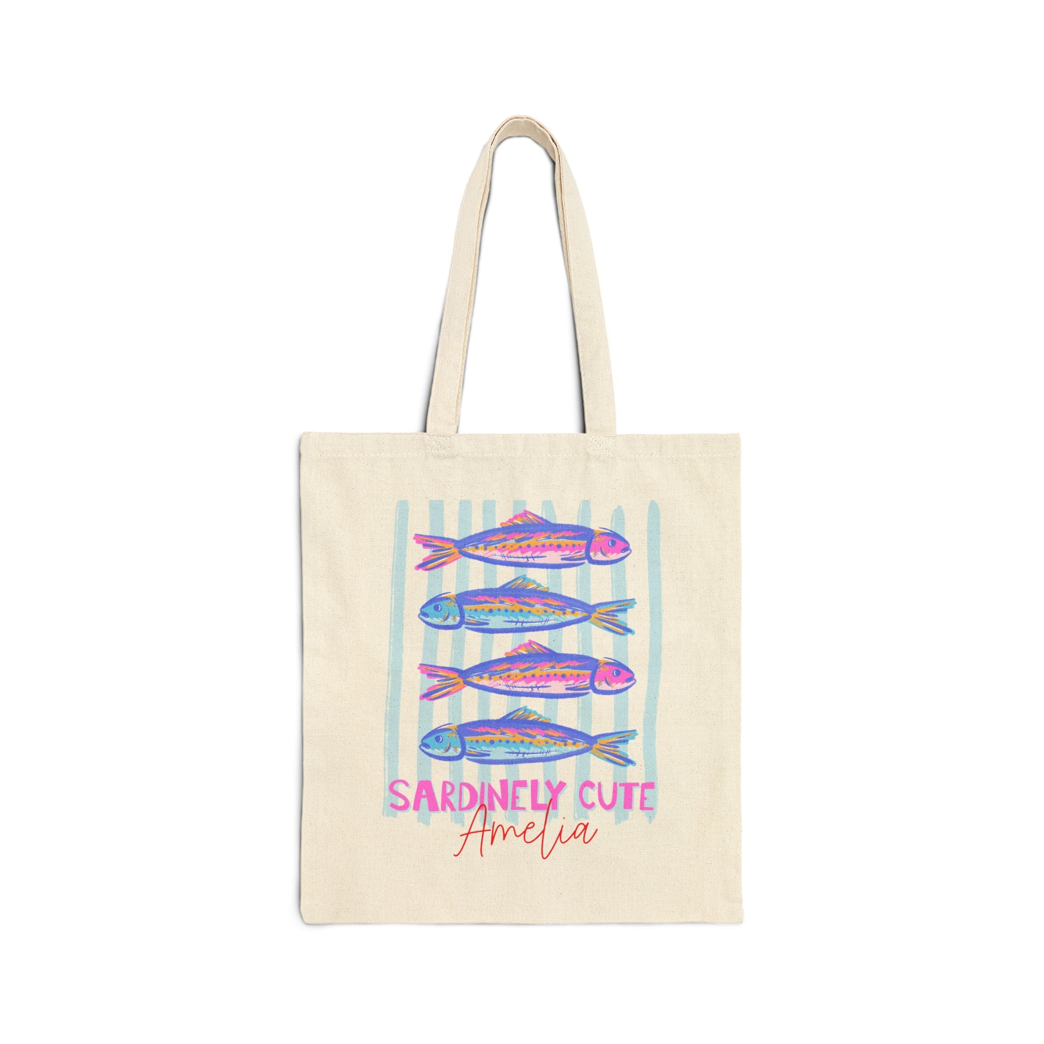 Personalized sardinely cute canvas tote bag with custom name, colorful fish print