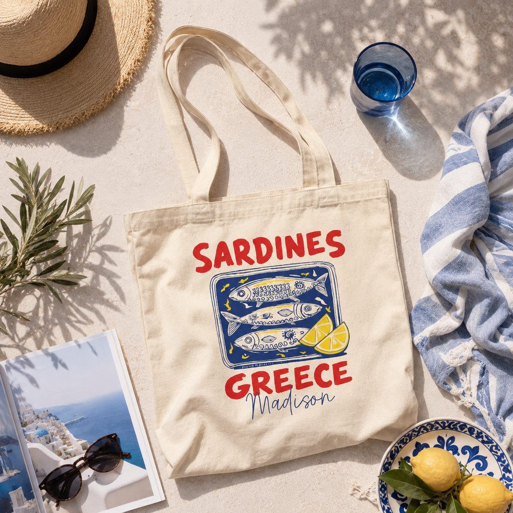 Personalized sardines Greece tote bag shown worn on shoulder, lifestyle photo