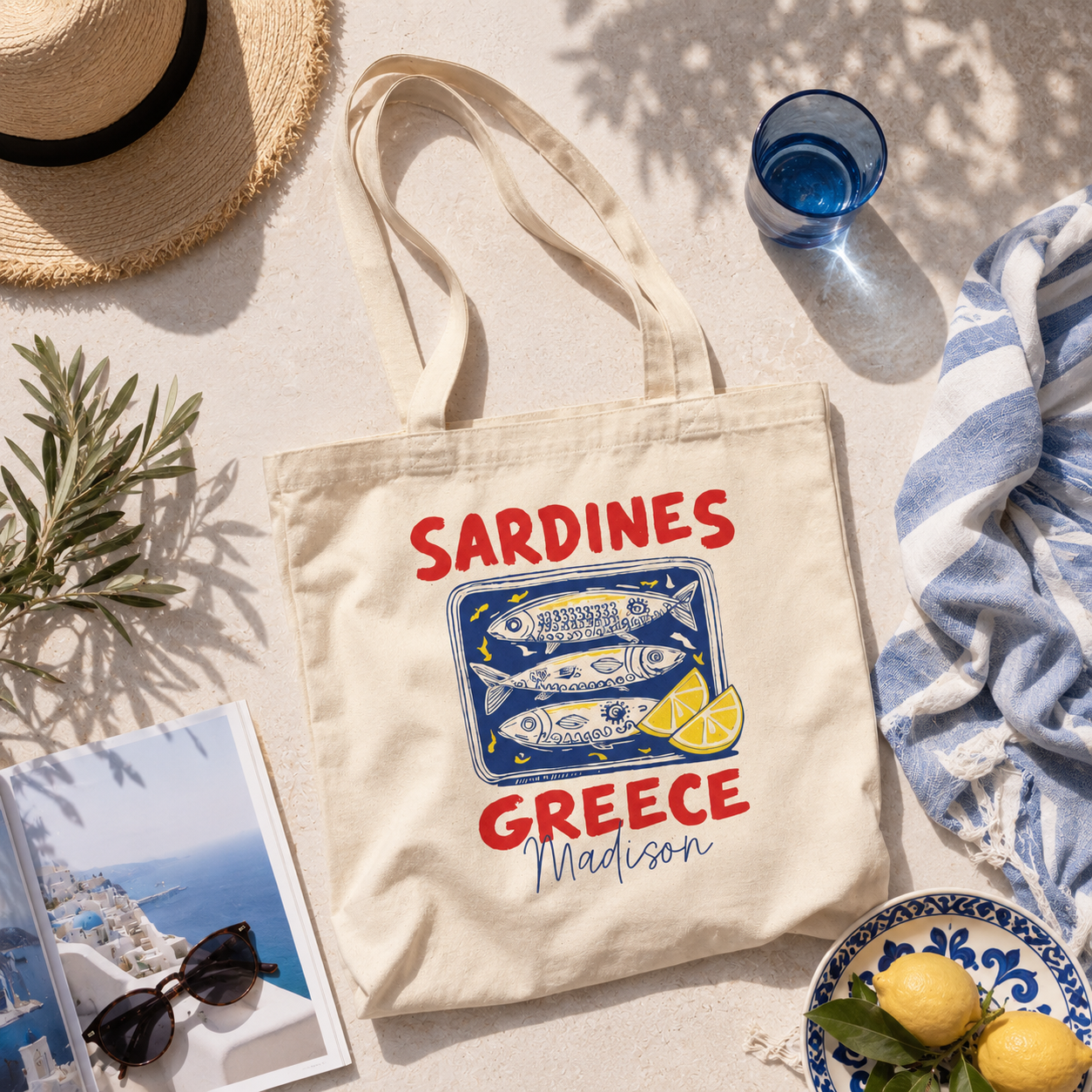 Personalized sardines Greece tote bag shown worn on shoulder, lifestyle photo