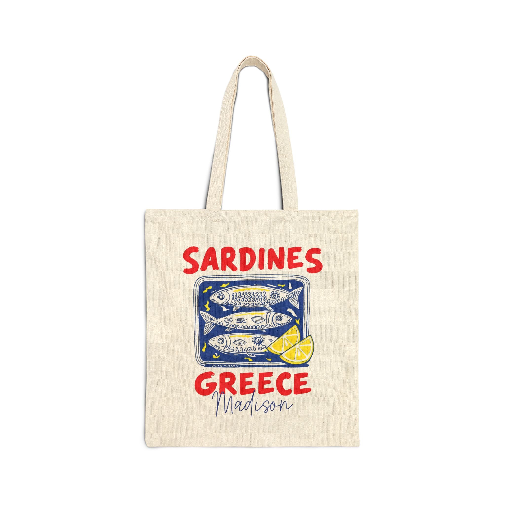 Personalized sardines Greece canvas tote bag with custom name, tin of sardines print