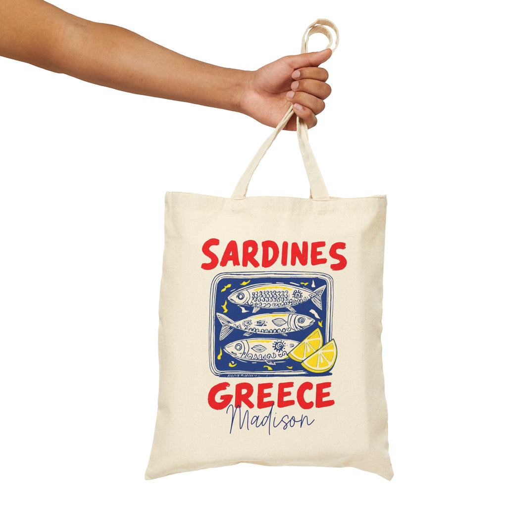 Personalized sardines Greece canvas tote bag size and dimensions reference
