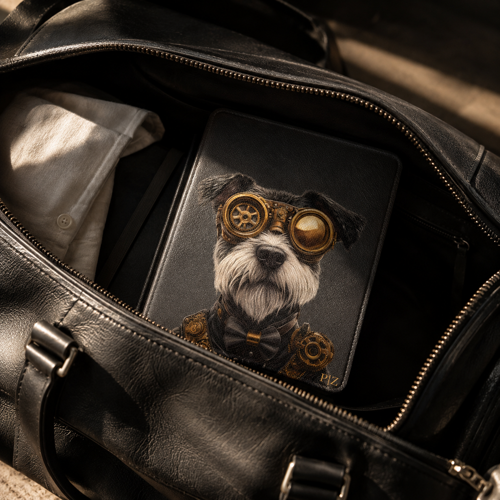 Personalized Schnauzer Kindle case black Saffiano leatherette back cover shown in a black leather travel bag