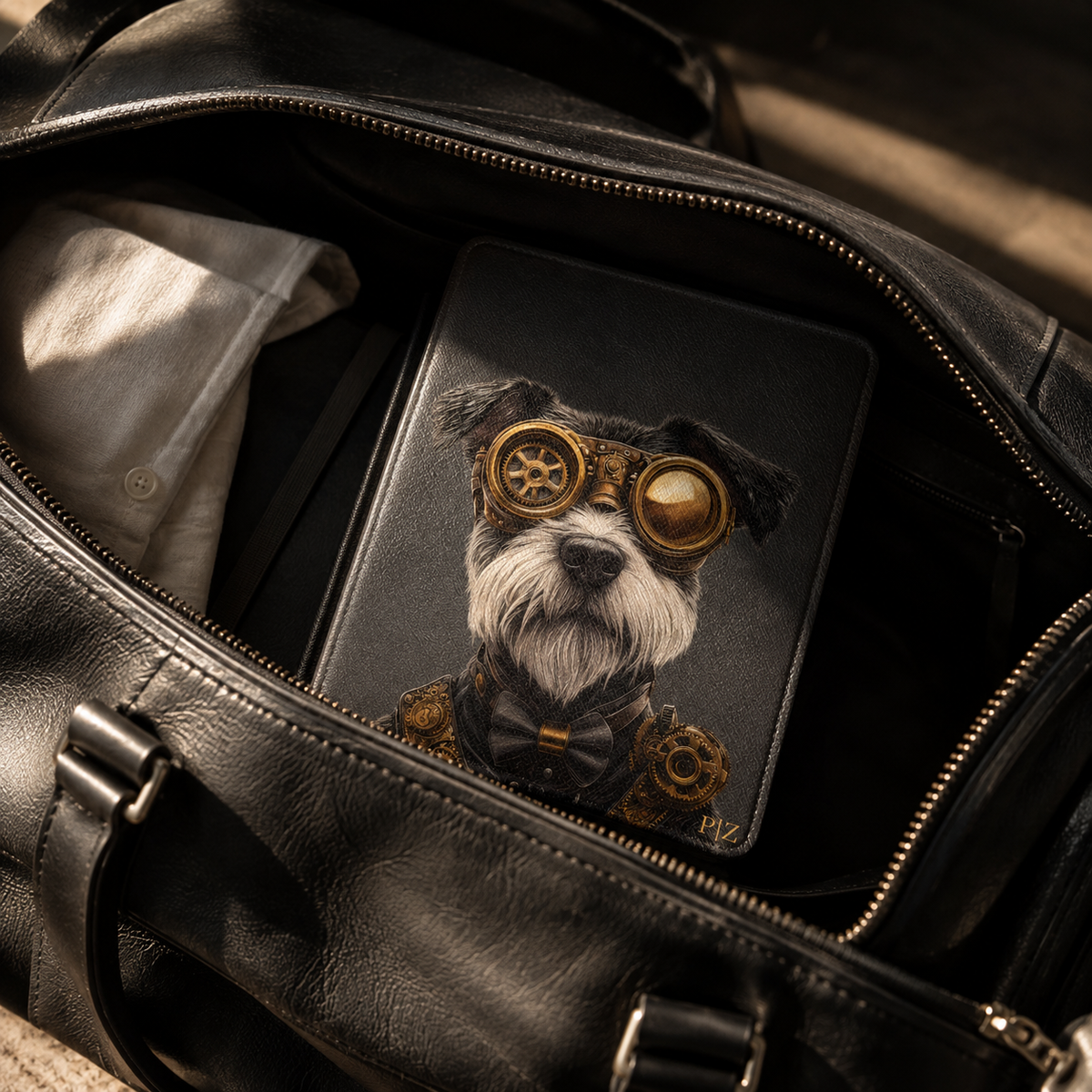 Personalized Schnauzer Kindle case black Saffiano leatherette back cover shown in a black leather travel bag