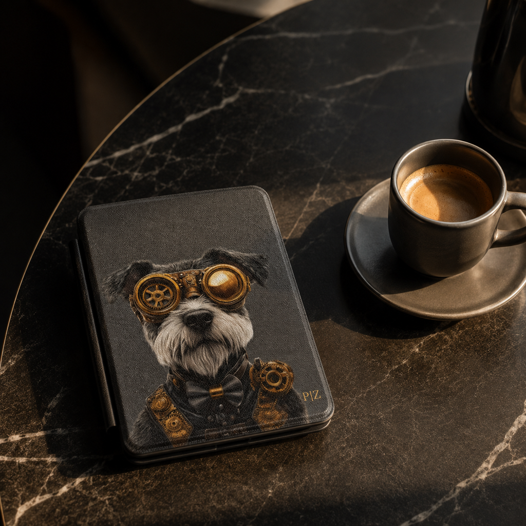 Personalized Schnauzer Kindle case shown on a black marble coffee table