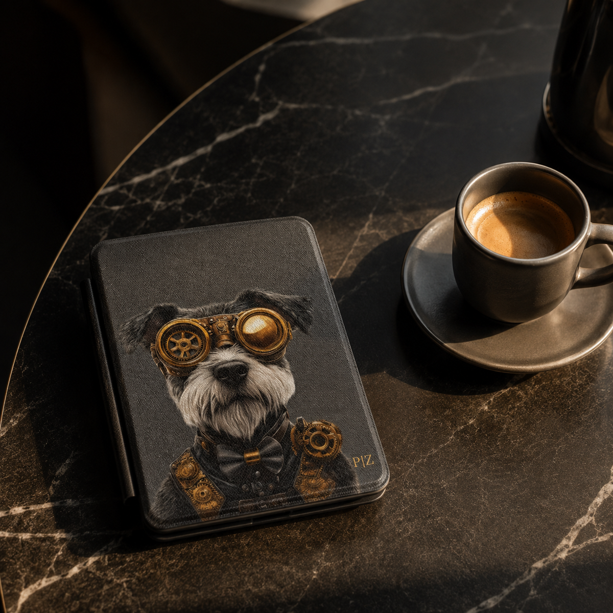 Personalized Schnauzer Kindle case shown on a black marble coffee table