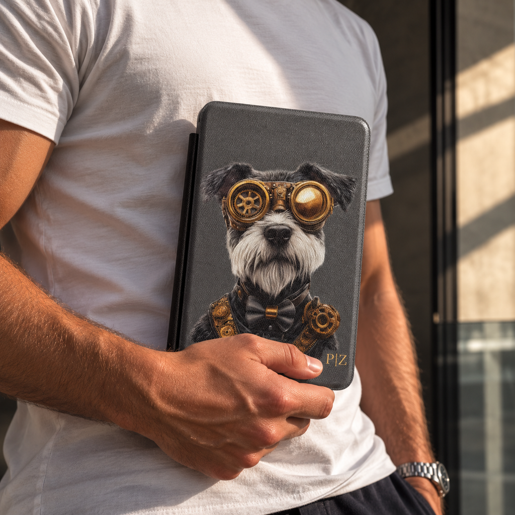 Personalized Schnauzer Kindle case held in hand in front of white t-shirt