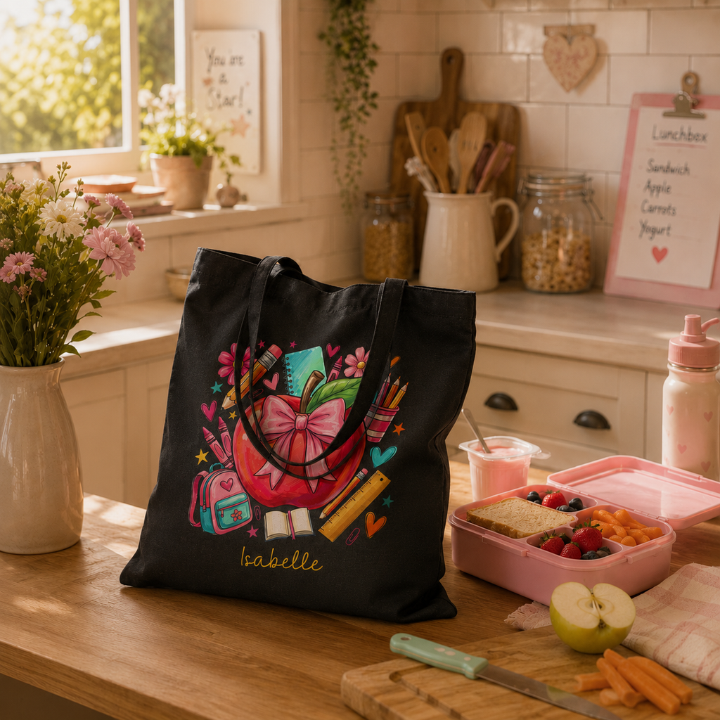 Close-up of apple and school supplies print and custom name on canvas tote bag