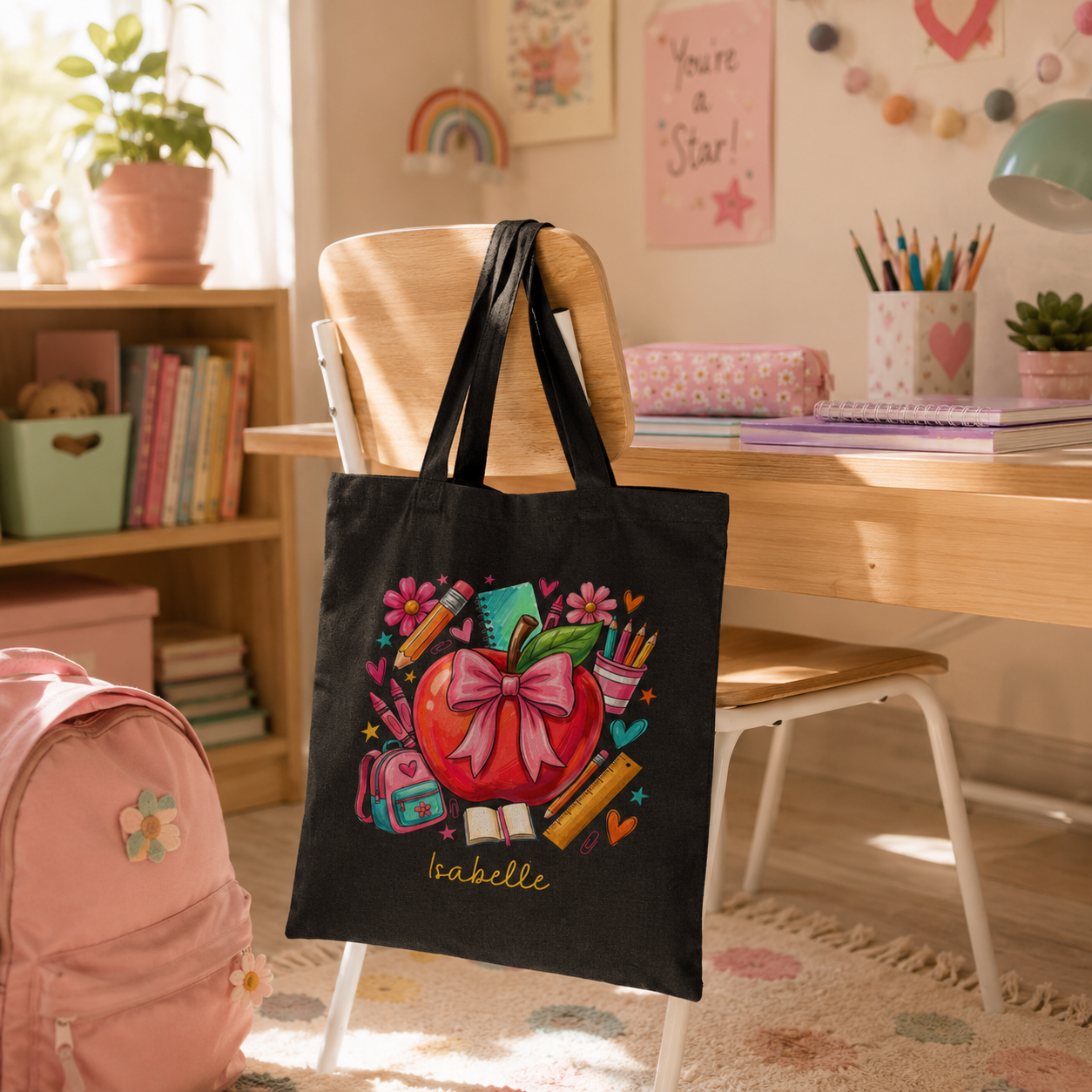 Personalized school supplies tote bag shown worn on shoulder, lifestyle photo