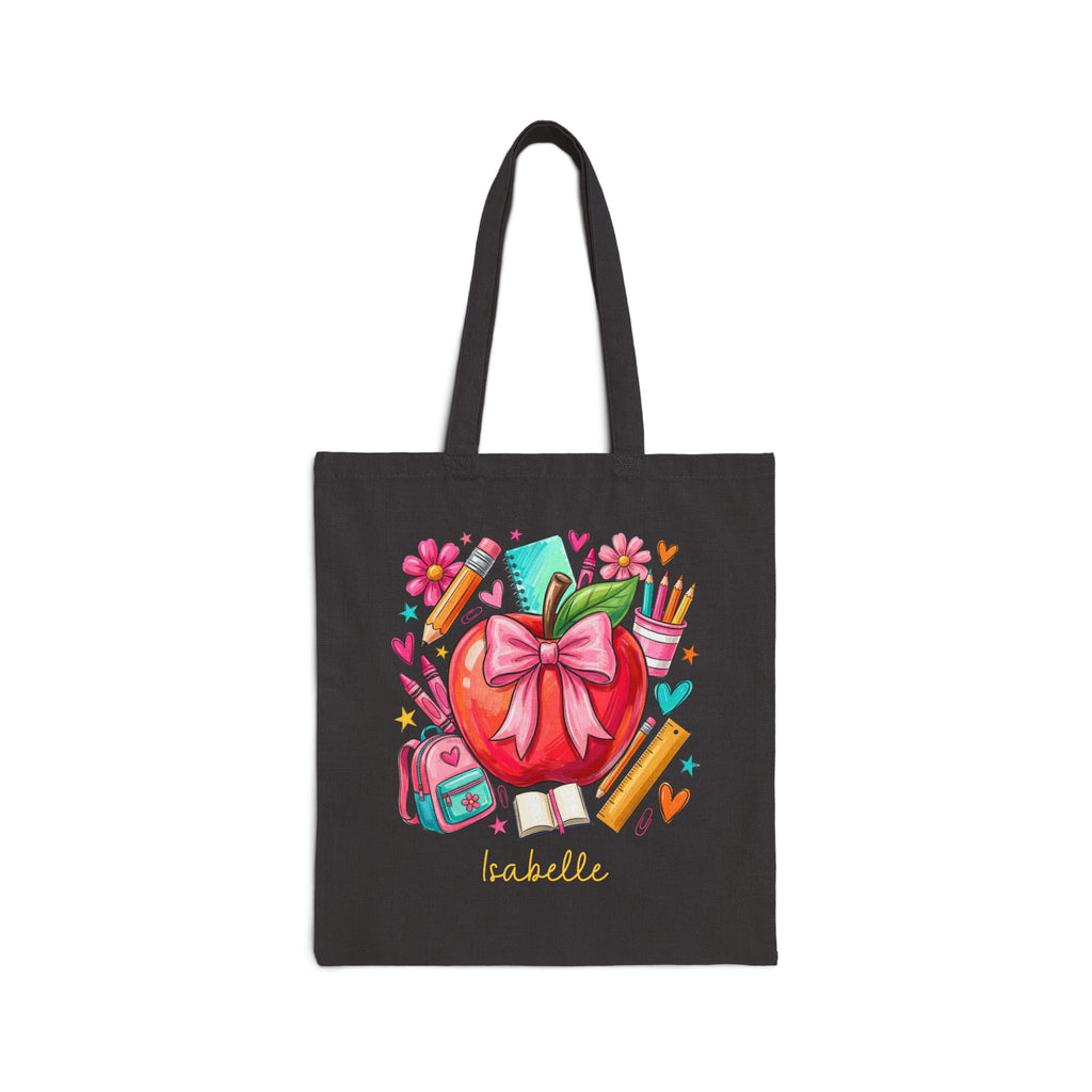 Personalized school supplies canvas tote bag with custom name, apple with bow design
