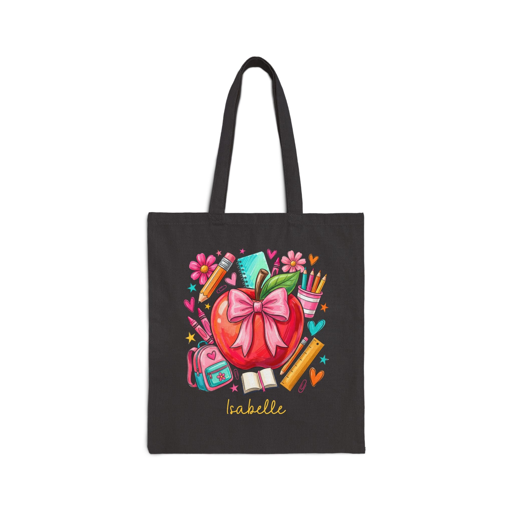 Personalized school supplies canvas tote bag with custom name, apple with bow design