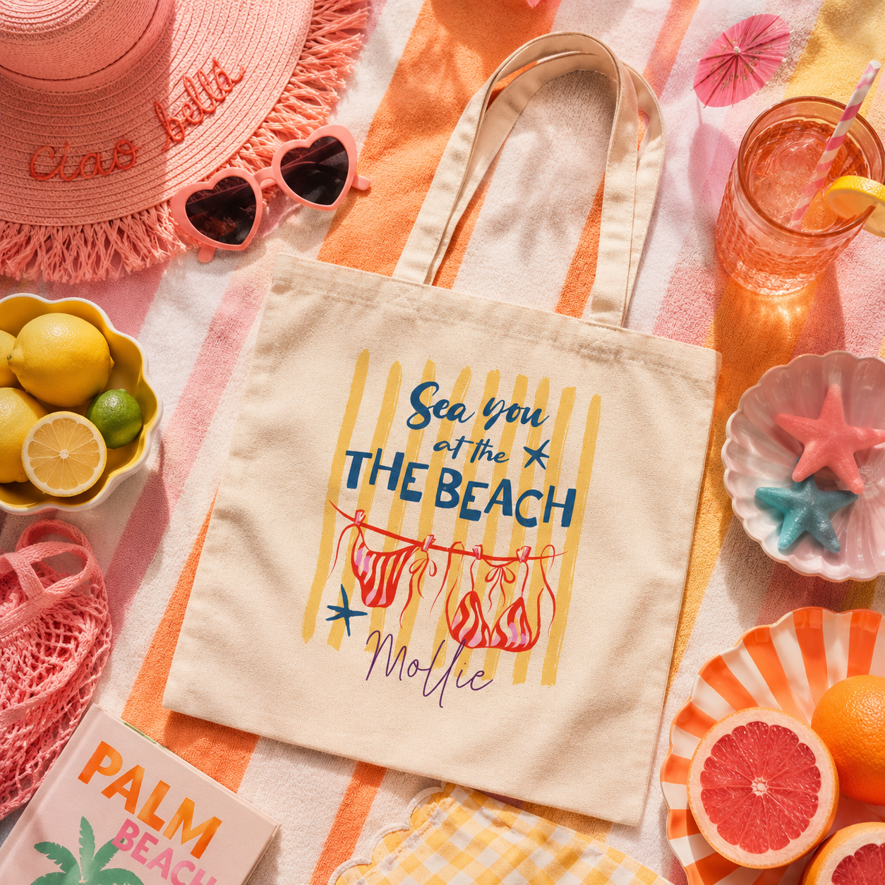 Personalized sea you at the beach tote bag shown worn on shoulder, lifestyle photo