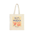Personalized sea you at the beach canvas tote bag with custom name, bikini clothesline design