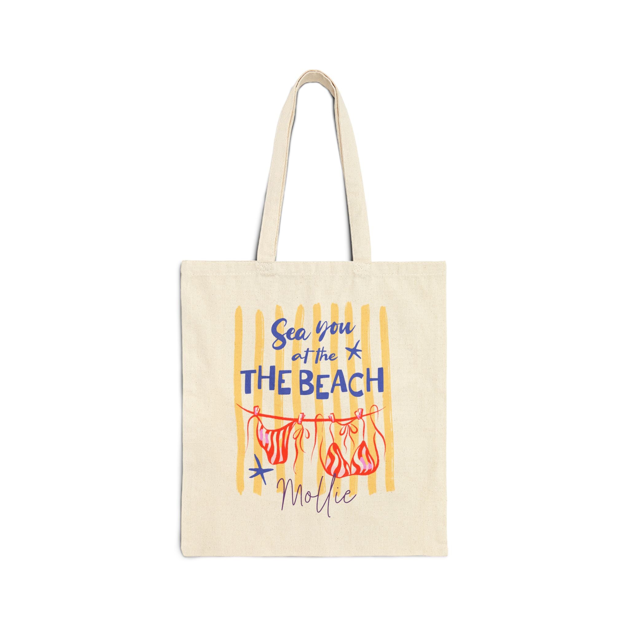 Personalized sea you at the beach canvas tote bag with custom name, bikini clothesline design