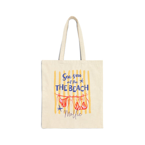 Personalized sea you at the beach canvas tote bag with custom name, bikini clothesline design
