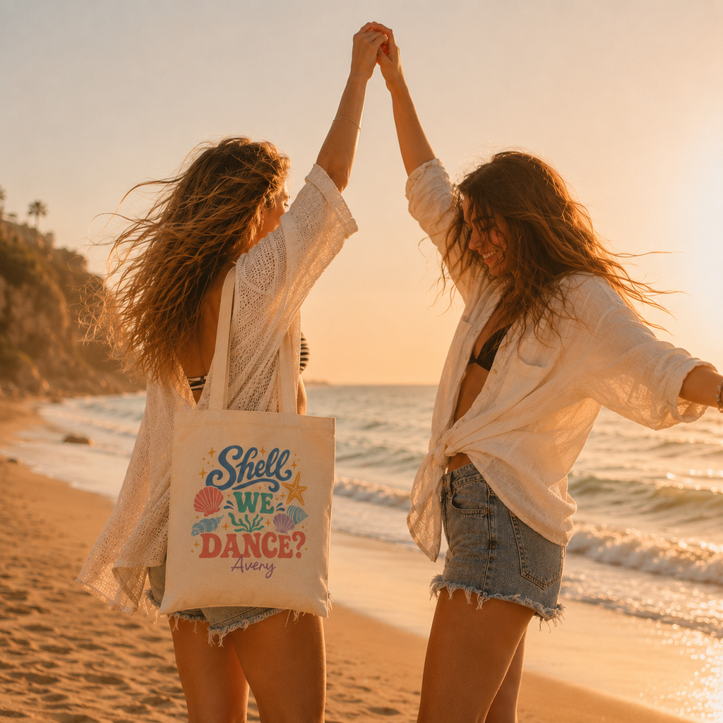 Personalized shell we dance tote bag shown worn on shoulder, lifestyle photo