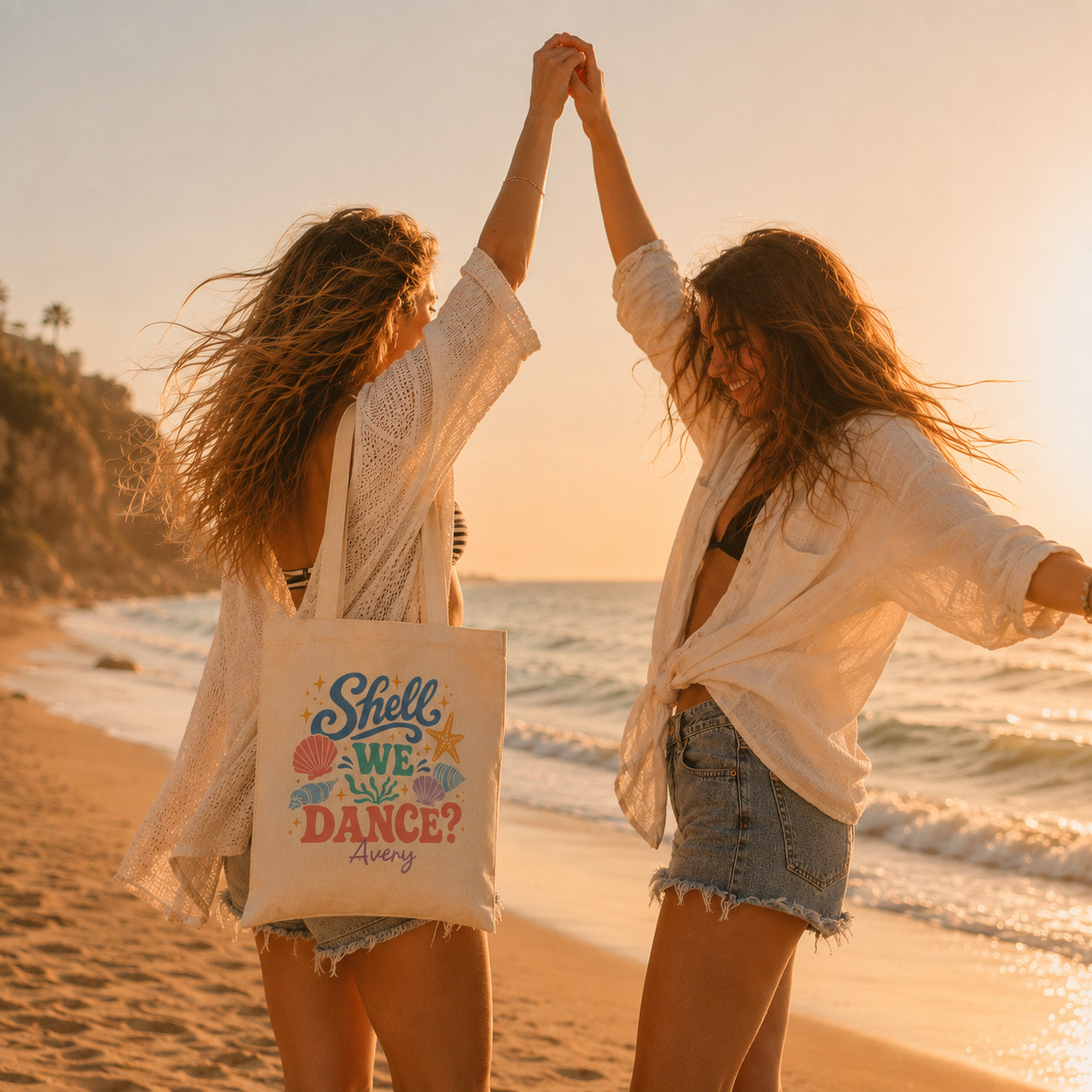 Personalized shell we dance tote bag shown worn on shoulder, lifestyle photo