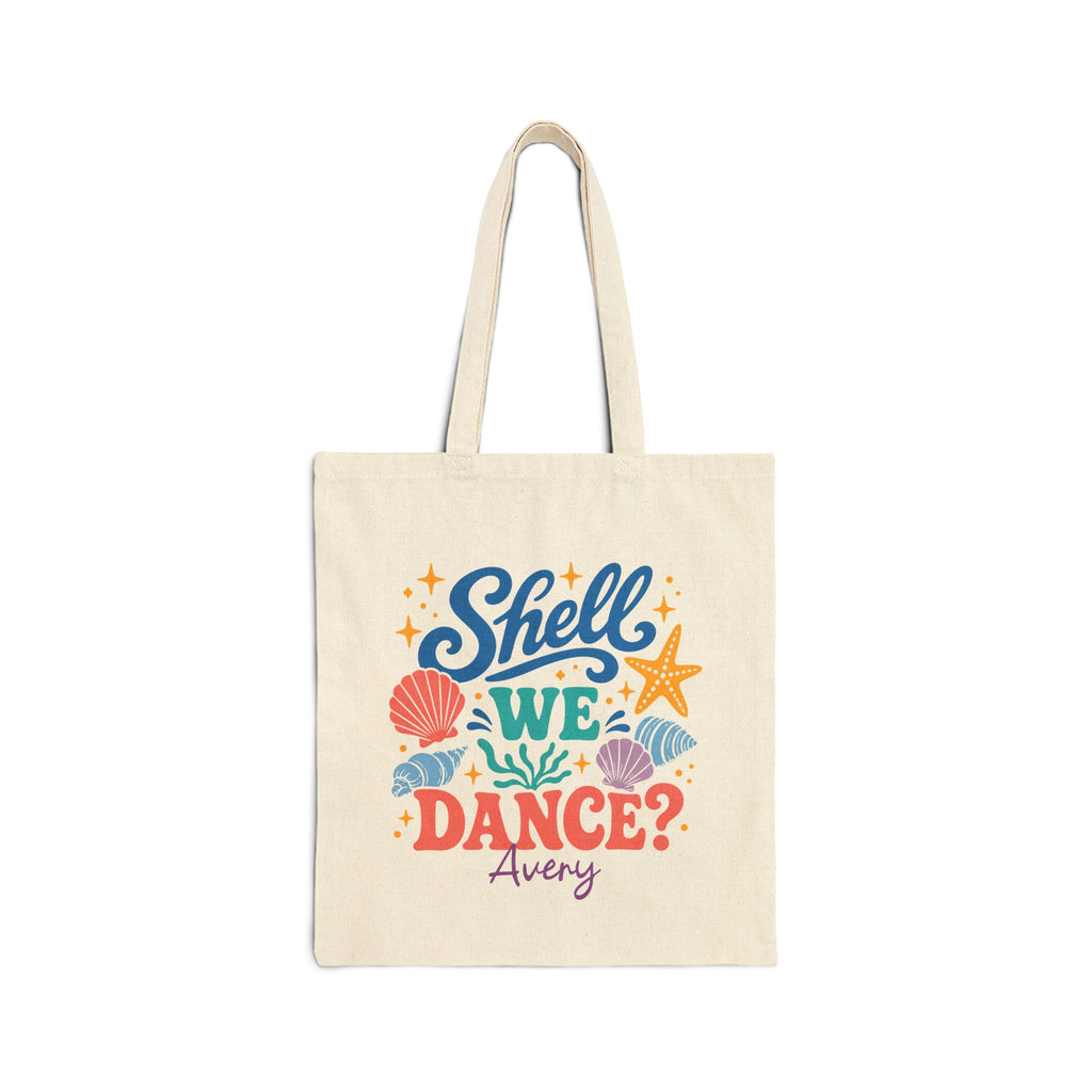 Personalized seashell canvas tote bag with custom name, shell we dance design