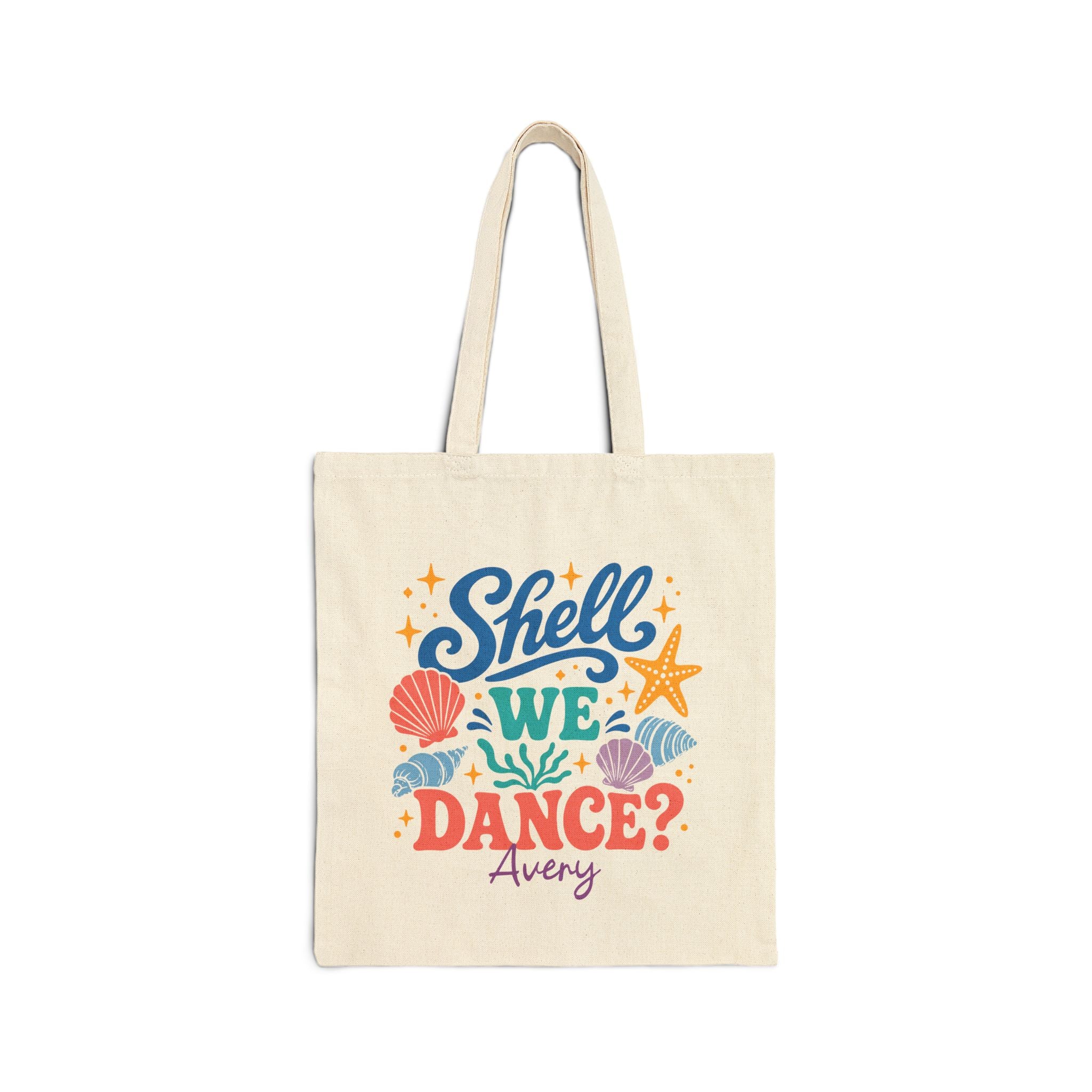 Personalized seashell canvas tote bag with custom name, shell we dance design