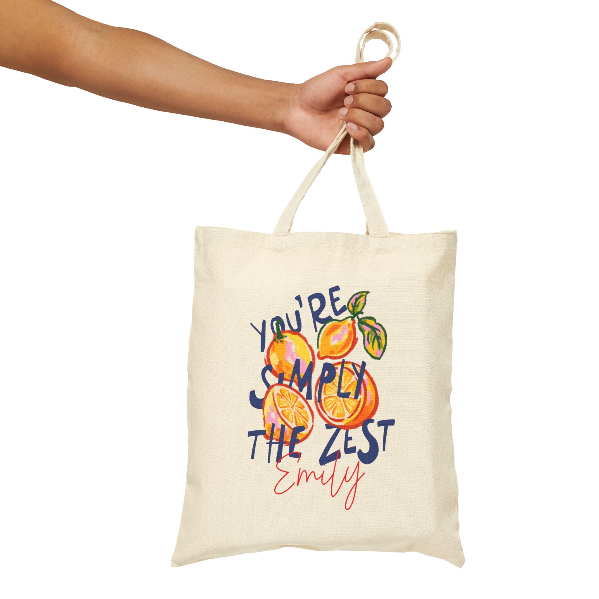 Personalized simply the zest canvas tote bag styled in a home setting
