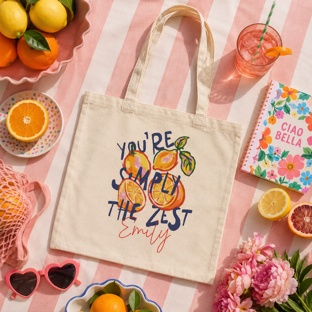 Personalized simply the zest tote bag shown worn on shoulder, lifestyle photo