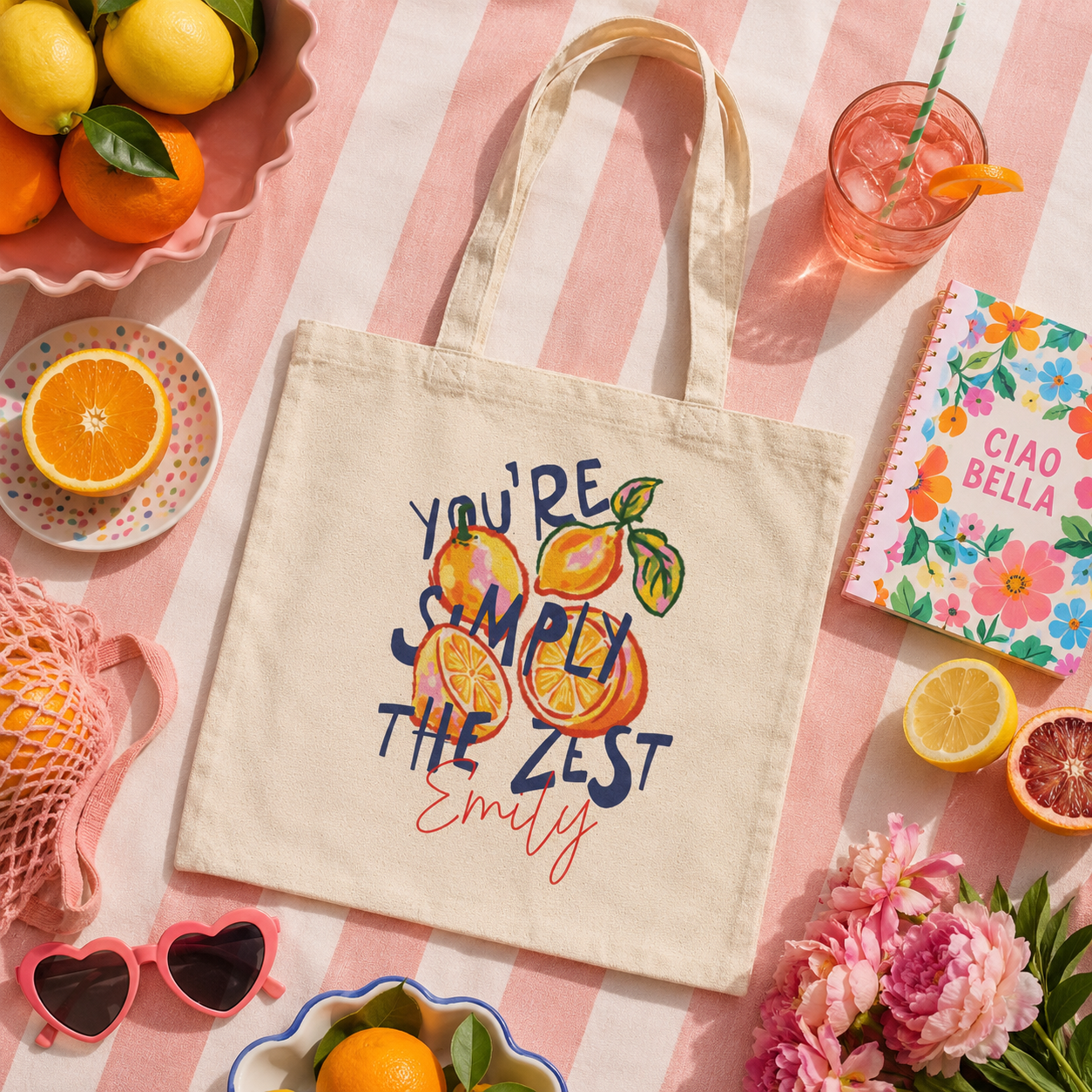 Personalized simply the zest tote bag shown worn on shoulder, lifestyle photo