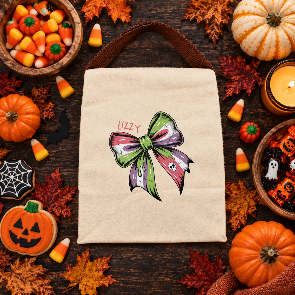 Back view of the Halloween skull bow green canvas lunch bag showing the brown strap handle