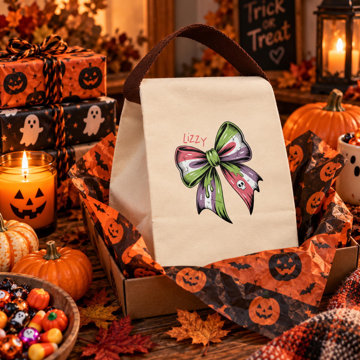 Halloween skull bow green canvas lunch bag shown as a Halloween gift, personalized with custom name