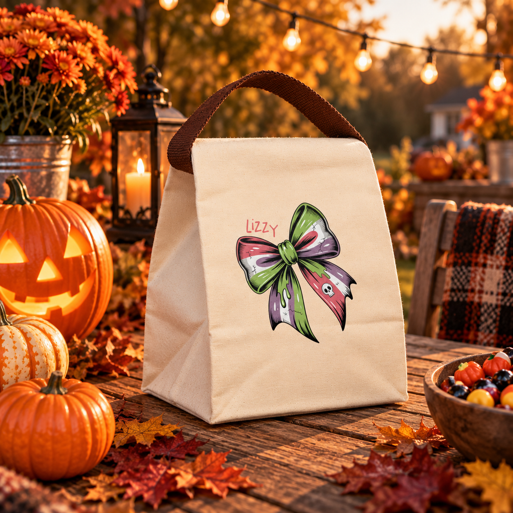 Open view of the Halloween skull bow green canvas lunch bag showing the roomy roll-top interior