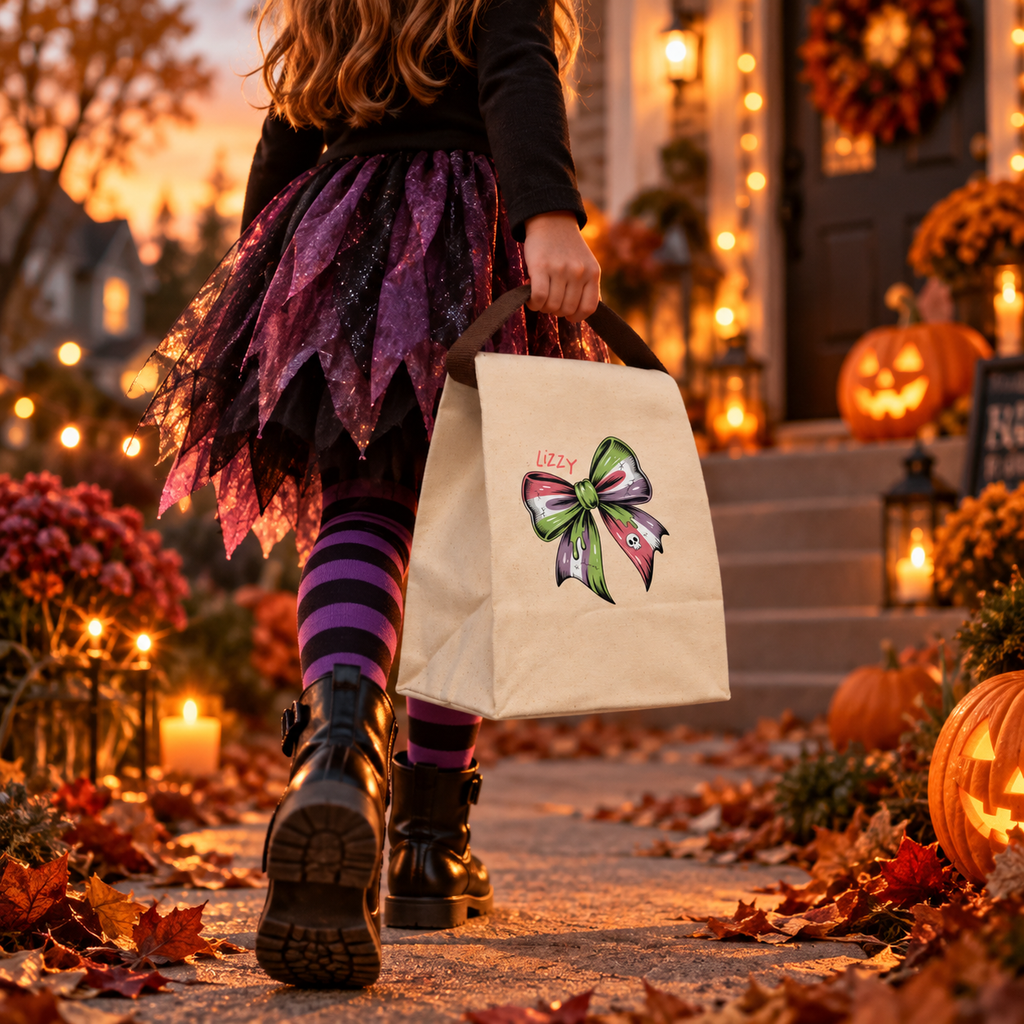 Halloween skull bow green canvas lunch bag styled for a fall lunch, personalized with custom name