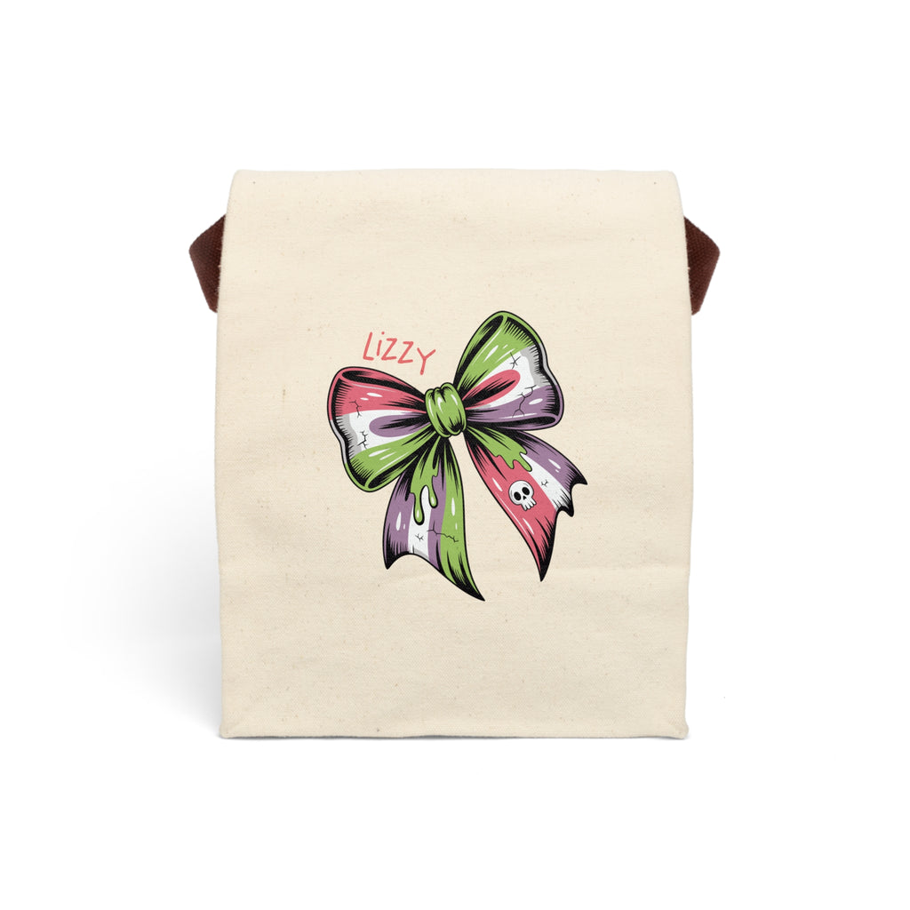 Personalized Halloween skull bow canvas lunch bag in green and red with custom name