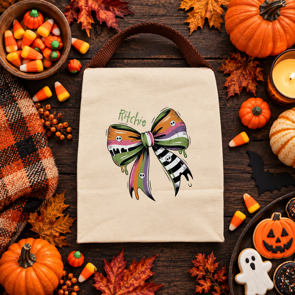 Back view of the Halloween skull bow orange canvas lunch bag showing the brown strap handle