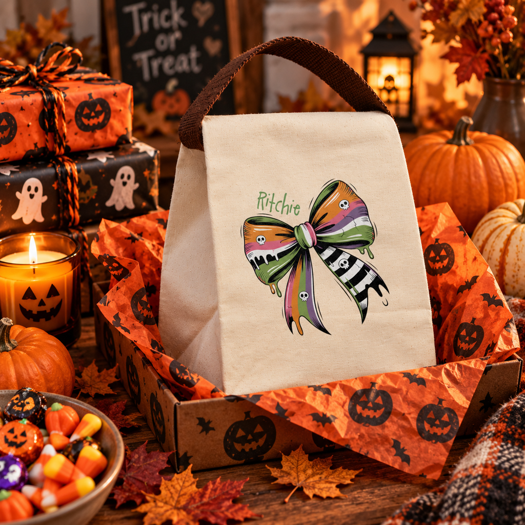 Halloween skull bow orange canvas lunch bag shown as a Halloween gift, personalized with custom name