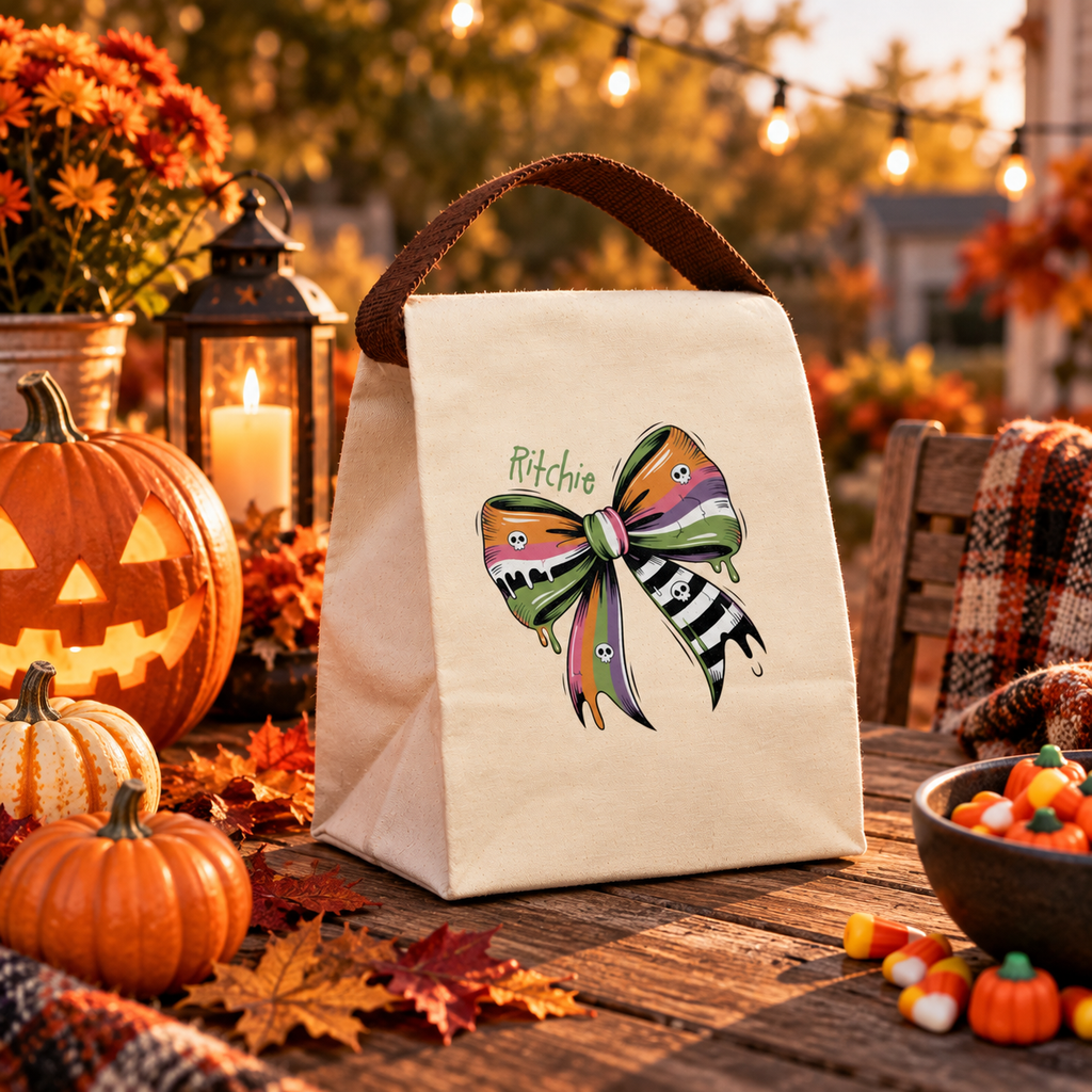 Open view of the Halloween skull bow orange canvas lunch bag showing the roomy roll-top interior