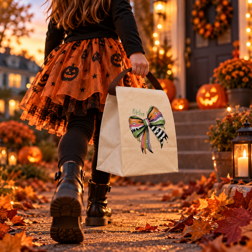 Halloween skull bow orange canvas lunch bag styled for a fall lunch, personalized with custom name