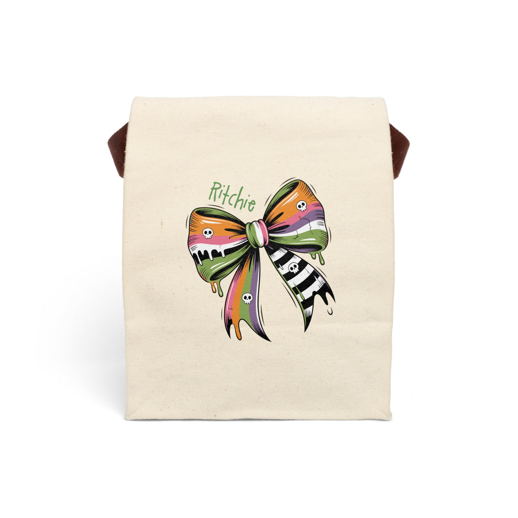 Personalized Halloween skull bow canvas lunch bag in orange and green with custom name