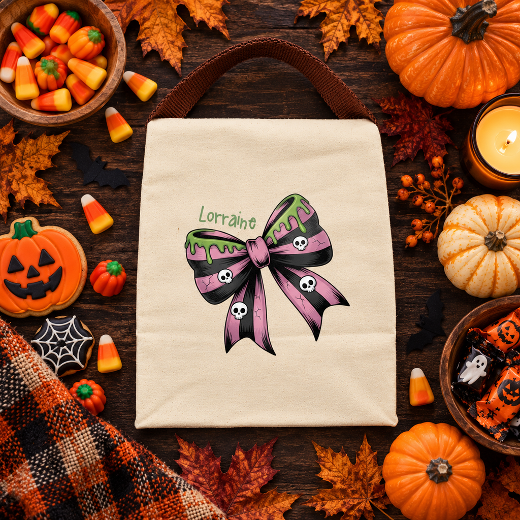 Back view of the Halloween skull bow pink canvas lunch bag showing the brown strap handle