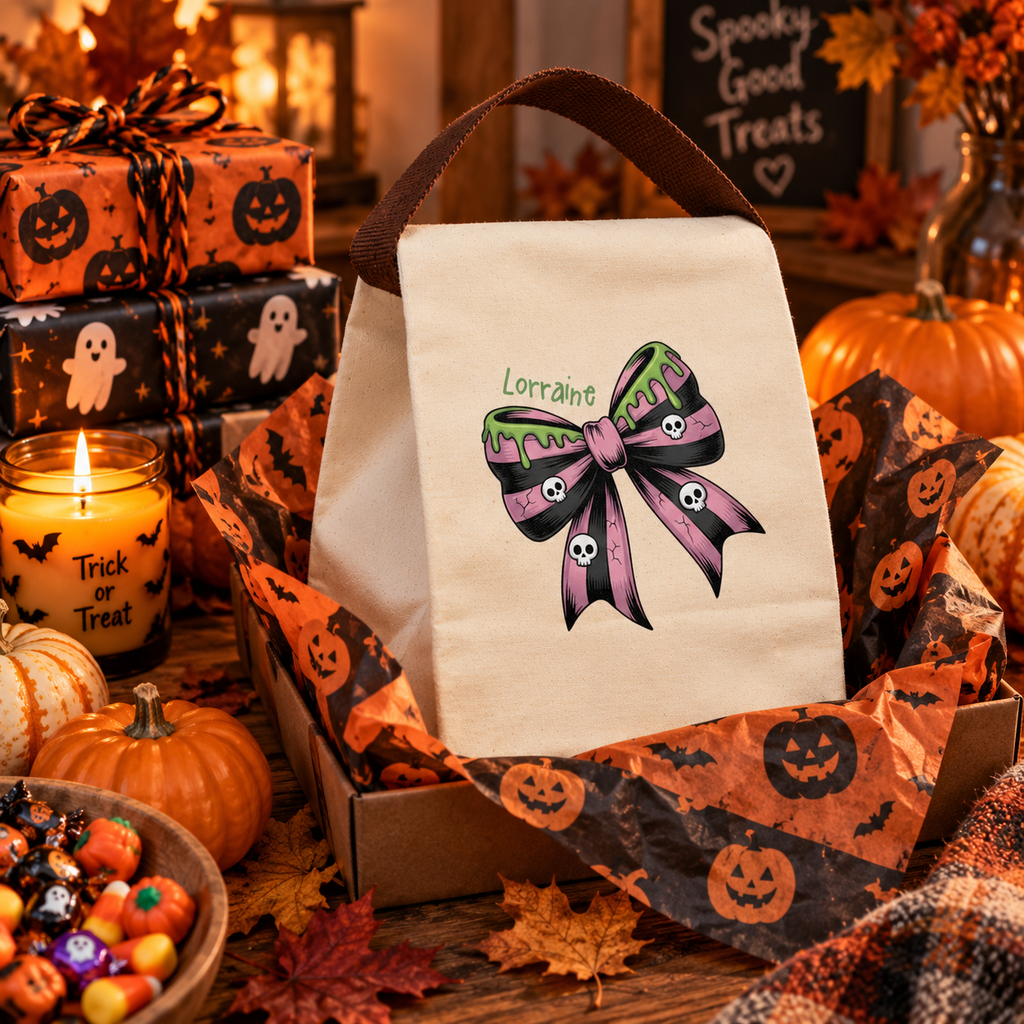 Halloween skull bow pink canvas lunch bag shown as a Halloween gift, personalized with custom name