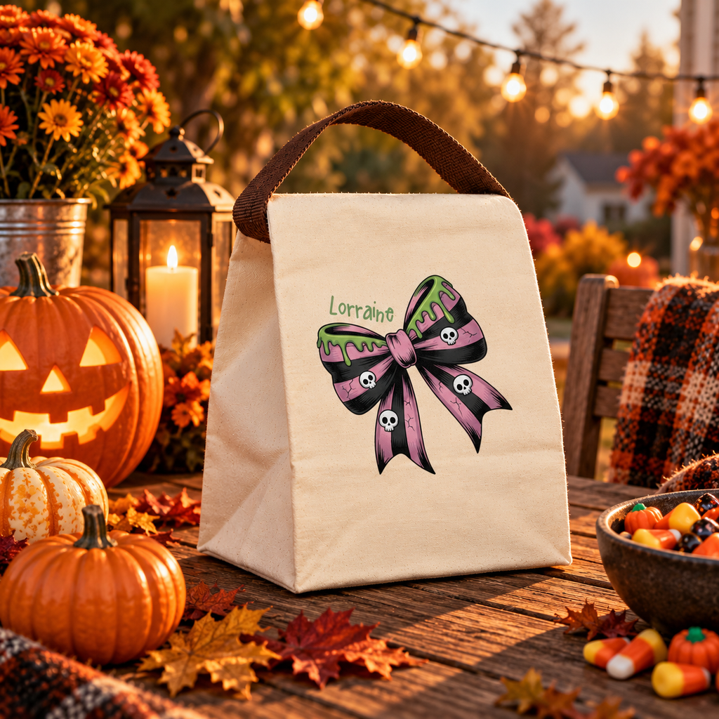 Open view of the Halloween skull bow pink canvas lunch bag showing the roomy roll-top interior