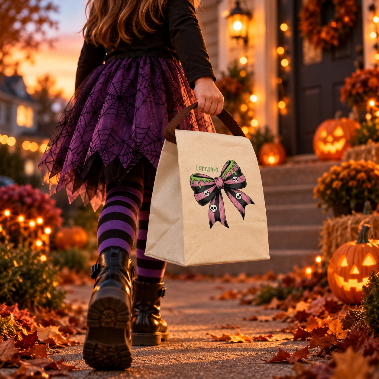 Halloween skull bow pink canvas lunch bag styled for a fall lunch, personalized with custom name