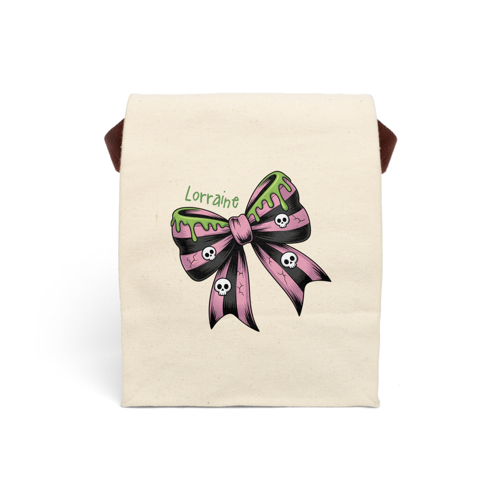 Personalized Halloween skull bow canvas lunch bag in pink and black with custom name