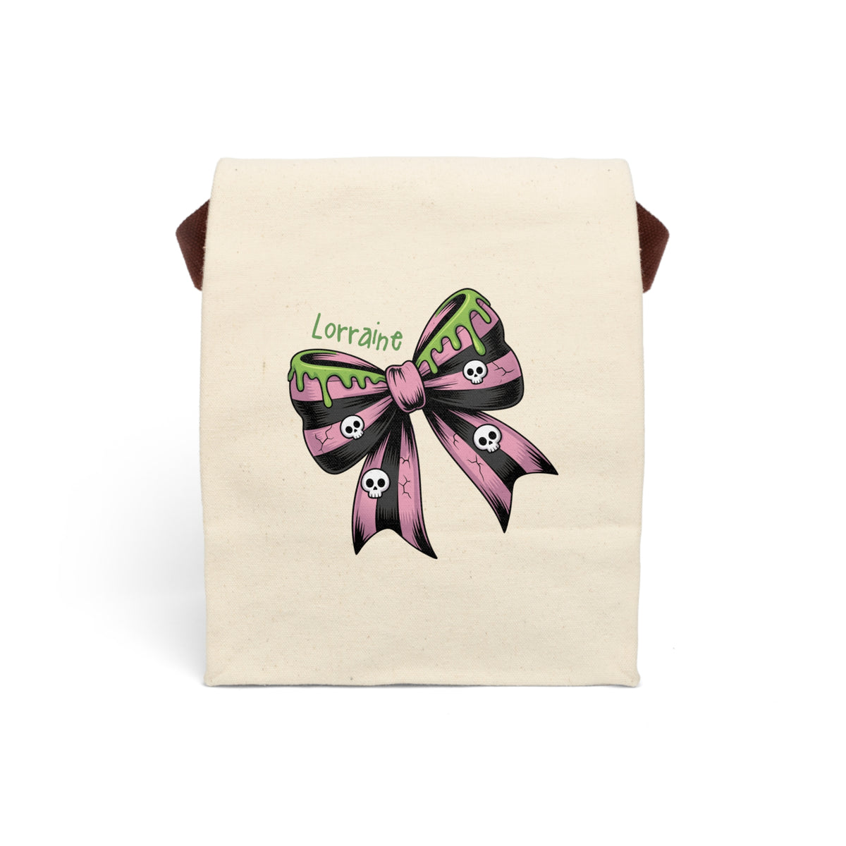 Personalized Halloween skull bow canvas lunch bag in pink and black with custom name