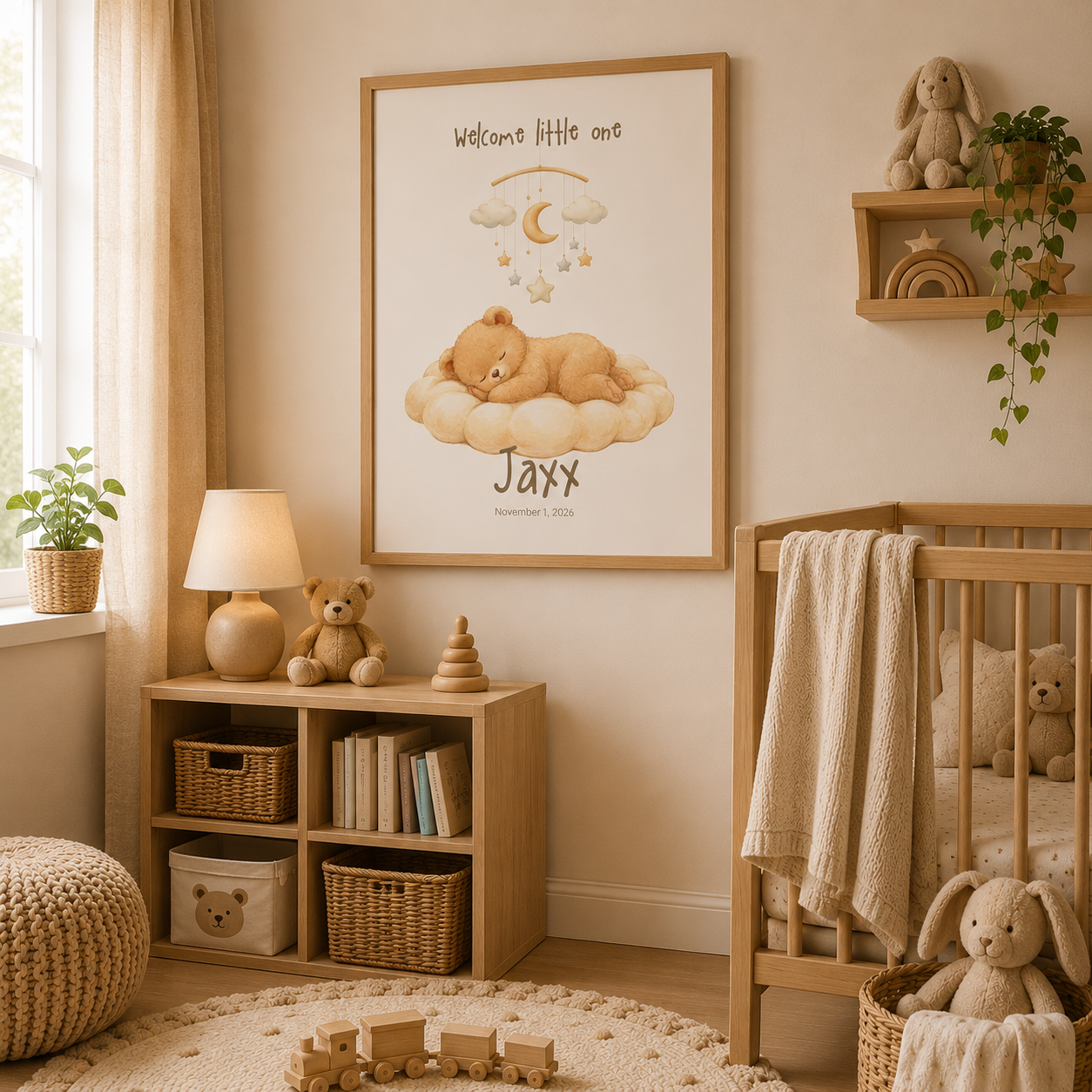 Close-up of sleeping bear mobile poster showing personalized name and birth date