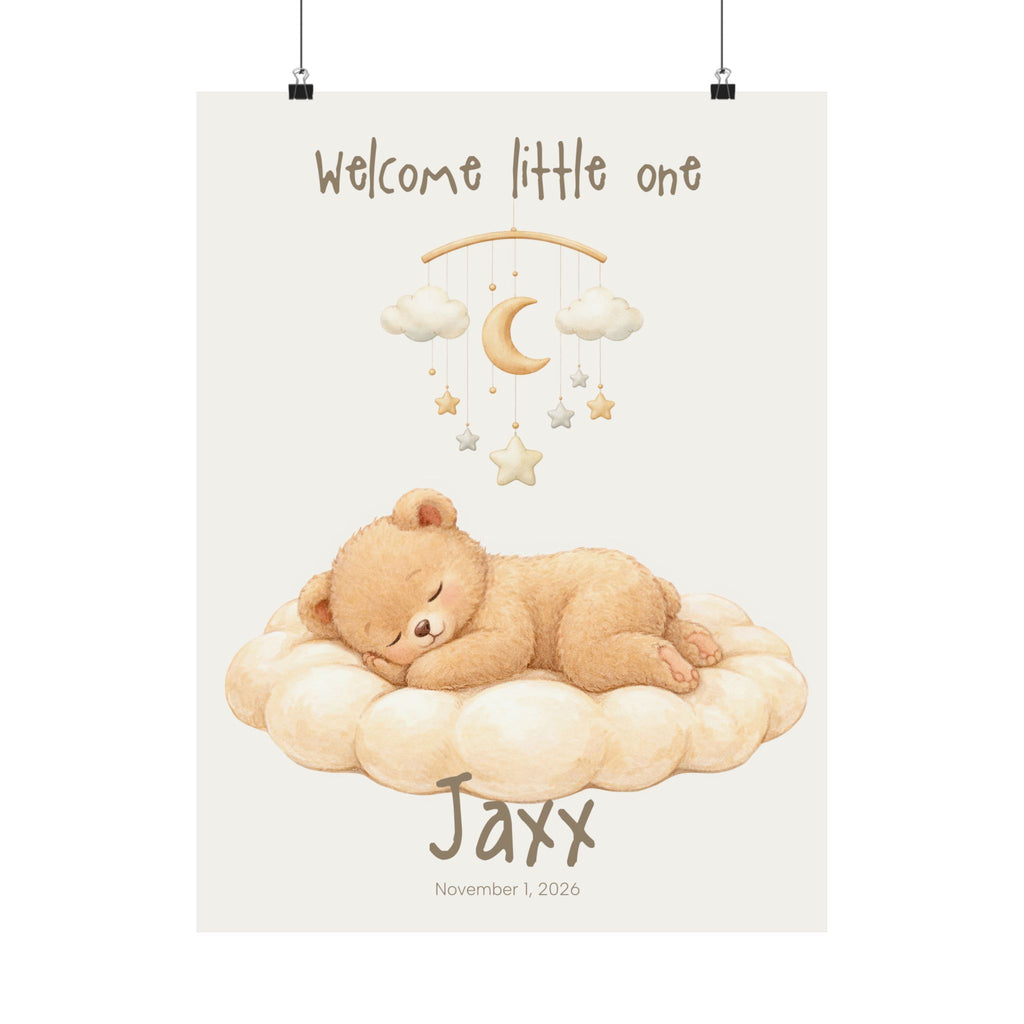 Personalized sleeping bear on cloud with mobile nursery poster, custom baby name and birth date