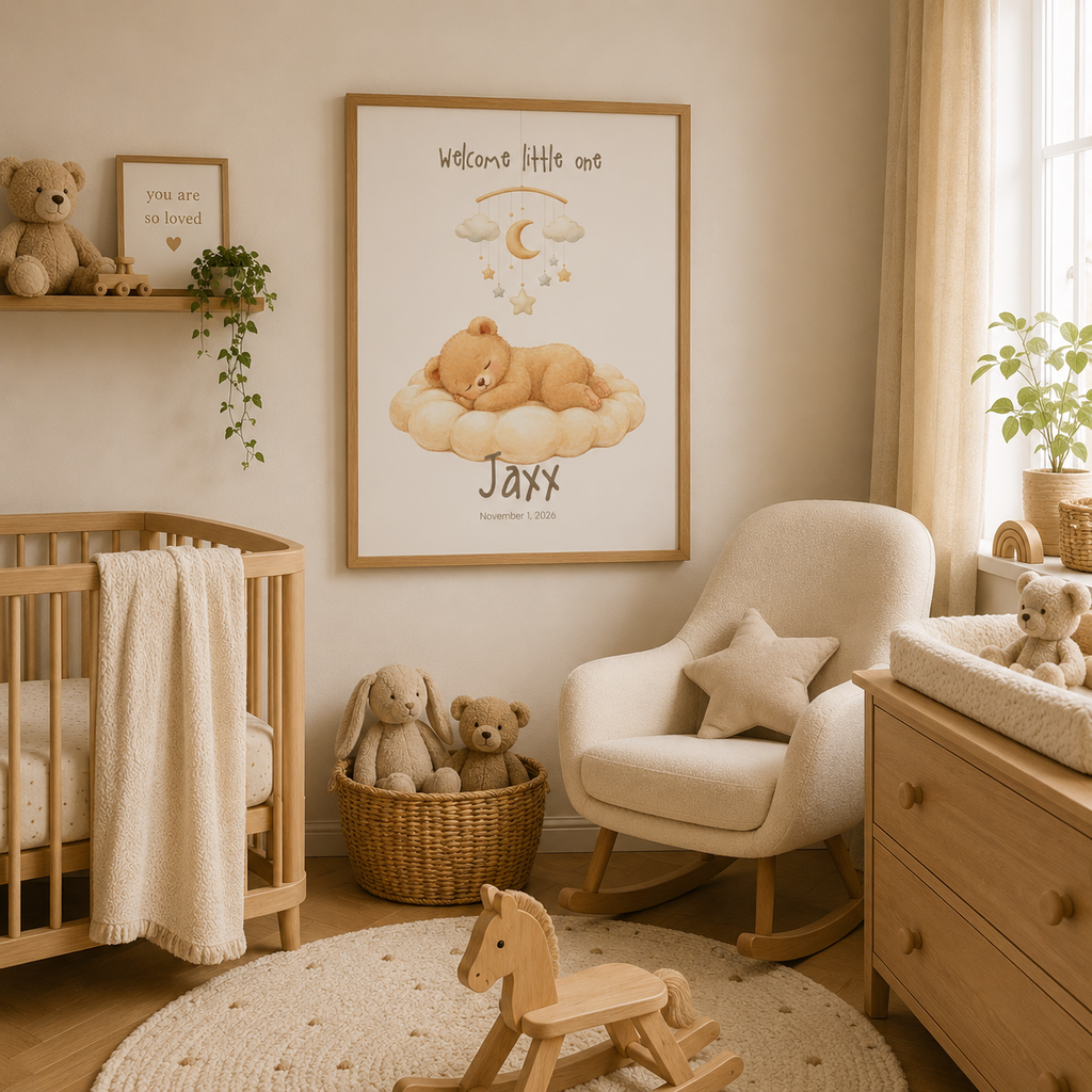 Bear on cloud under moon stars mobile baby name poster in nursery room