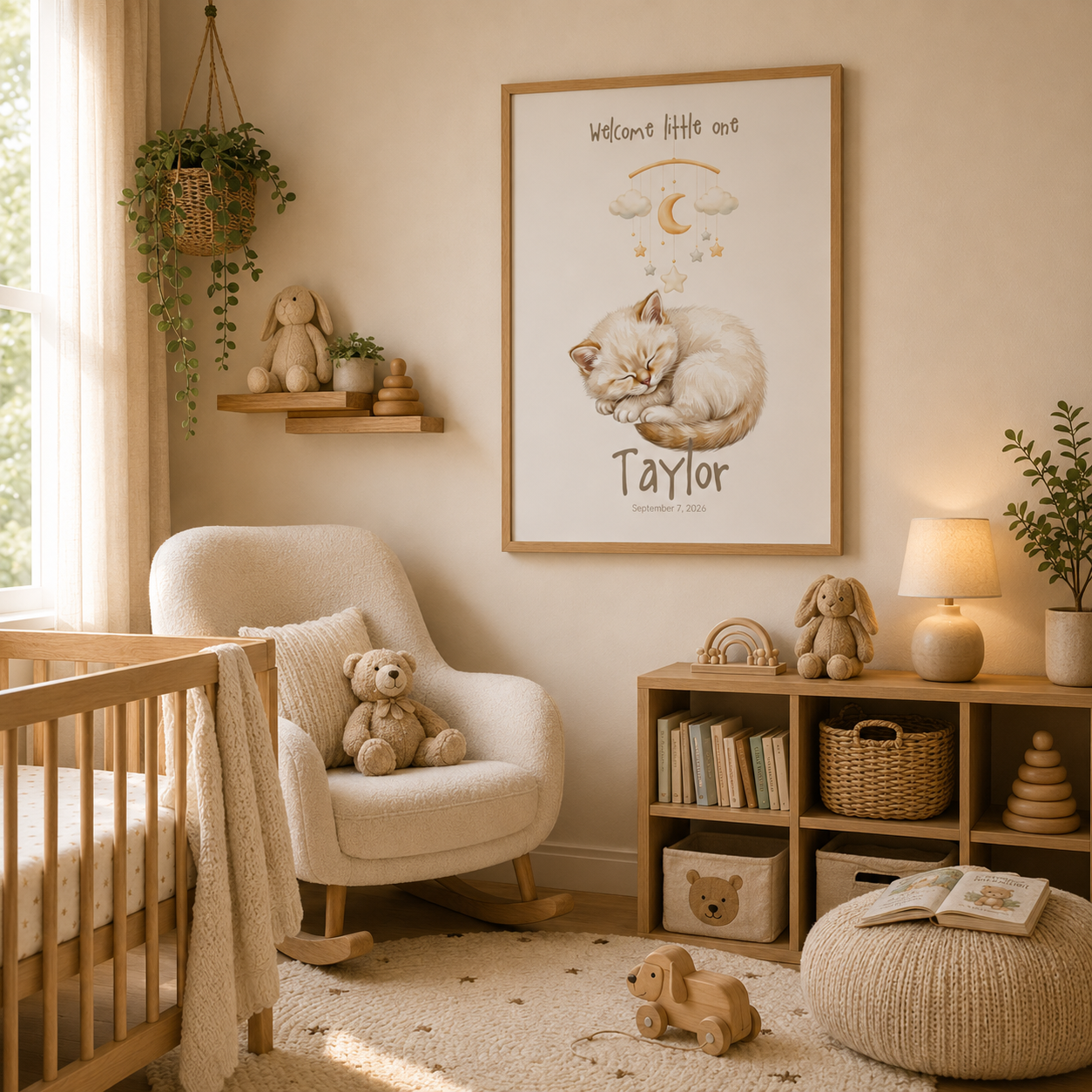 Close-up of sleeping kitten mobile poster showing personalized name and birth date