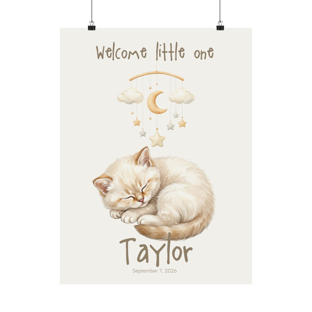 Personalized sleeping kitten with moon stars mobile nursery poster, custom baby name and birth date