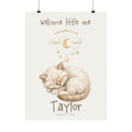 Personalized sleeping kitten with moon stars mobile nursery poster, custom baby name and birth date
