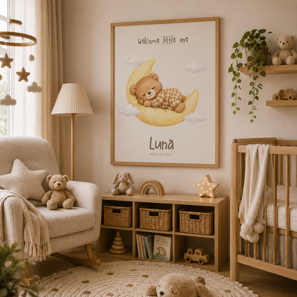 Close-up of sleepy bear moon poster showing personalized name and birth date