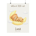 Personalized sleepy bear on moon nursery poster with custom baby name and birth date